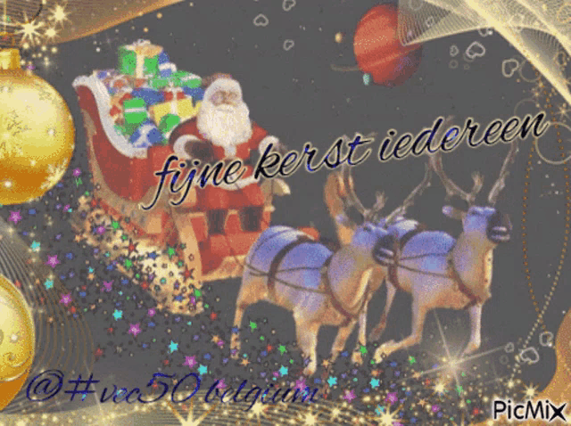 a picture of santa in a sleigh with the words fijne kerst iedereen written on it