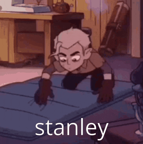 a cartoon character is kneeling on a blue blanket with the word stanley written on it .