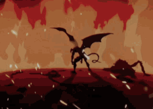 a silhouette of a demon with wings and a tail