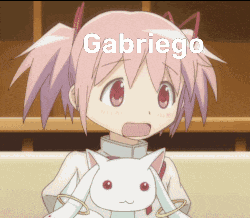 a girl with pink hair is holding a white rabbit and the name gabriego is on the bottom right