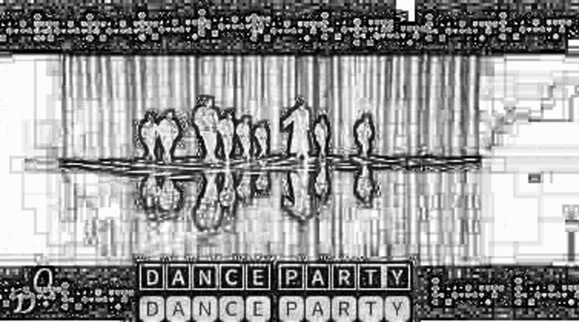 a black and white drawing of a dance party with a group of people standing in front of a stage .