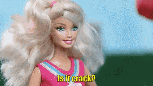 a barbie doll is wearing a cheerleader outfit and says is it crack .