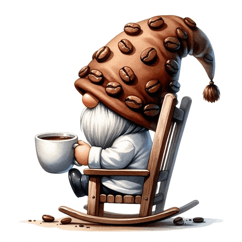 a gnome wearing a hat with coffee beans on it is sitting in a rocking chair holding a cup of coffee