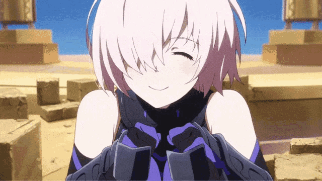 a girl with pink hair and purple gloves is smiling with her eyes closed