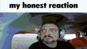 a man wearing headphones is sitting in a plane with the words my honest reaction above him
