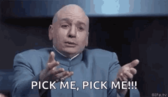 a bald man in a blue suit is saying `` pick me , pick me !! ''