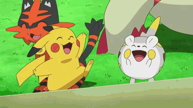a group of cartoon characters are standing in the grass and one of them is a pikachu