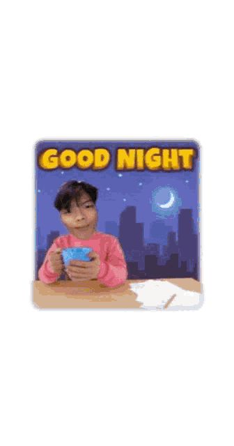 a sticker that says good night with a boy holding a cellphone