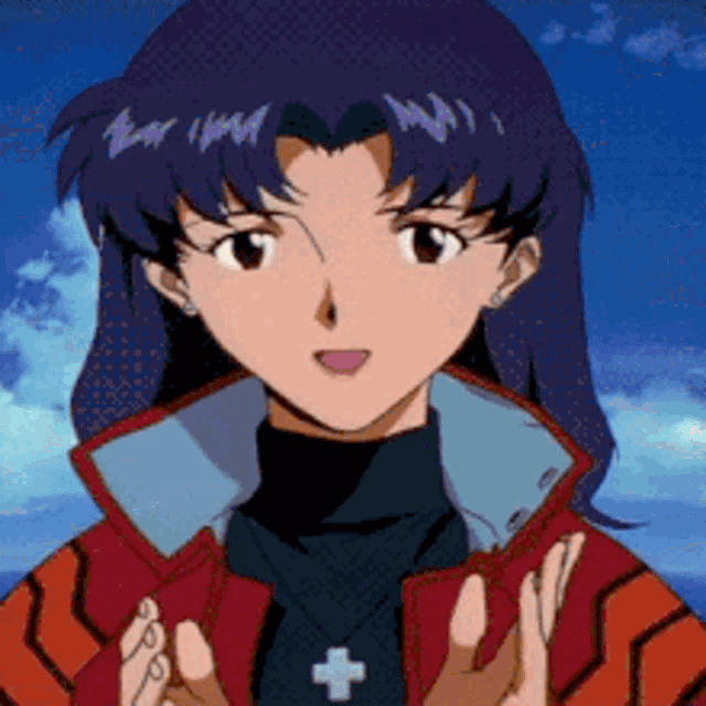 a girl with purple hair and a cross on her necklace