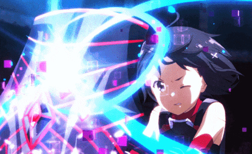 a girl in a red and black outfit is surrounded by a blue and purple light