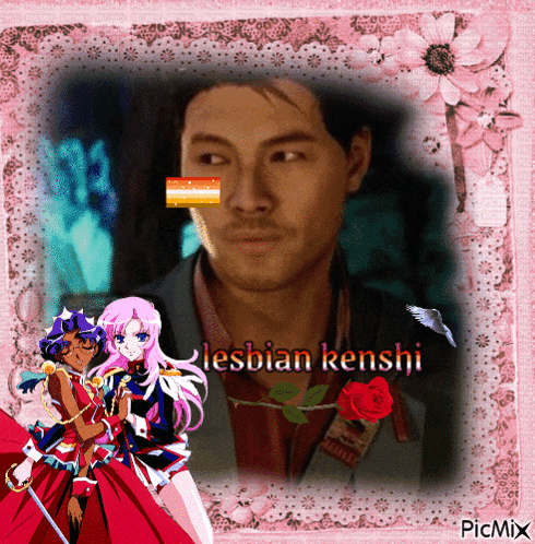 a picture of a man and two girls with the words lesbian kenshi on the bottom