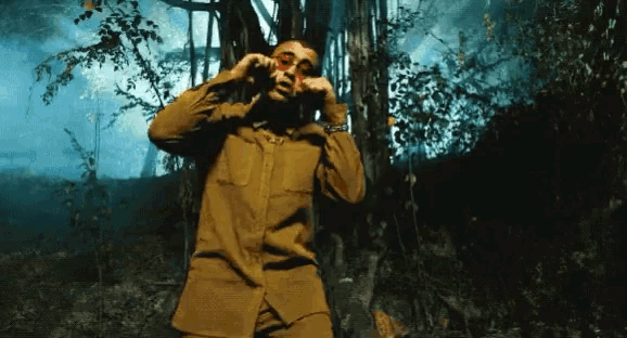 a man wearing sunglasses and a brown shirt stands in a forest