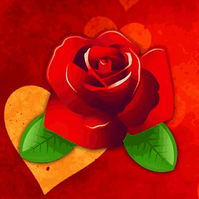 a red rose with green leaves sits on a yellow heart