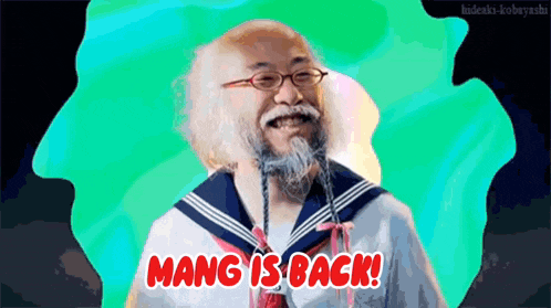 a man with glasses and a beard is wearing a sailor suit and the words mang is back