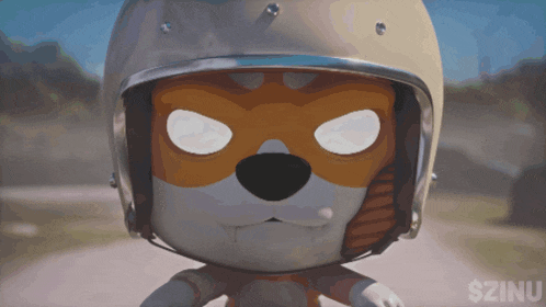a cartoon dog wearing a helmet and a mask with the word szinu on the bottom right