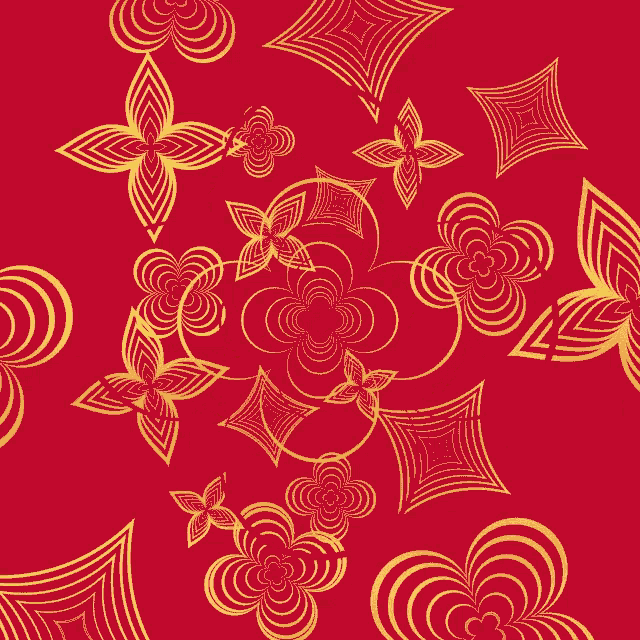 a red background with a pattern of gold flowers