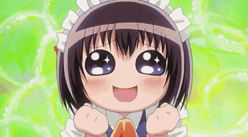 a little girl in a maid outfit is smiling and making a funny face .
