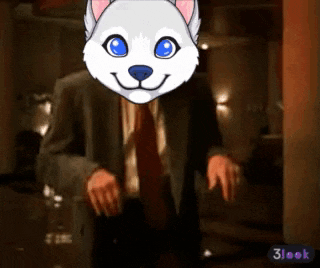 a man wearing a suit and tie has a husky mask on his face