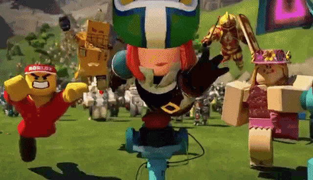 a group of roblox characters are standing in a field .