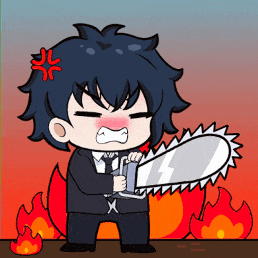 a cartoon of a man in a suit holding a chainsaw in front of a fire