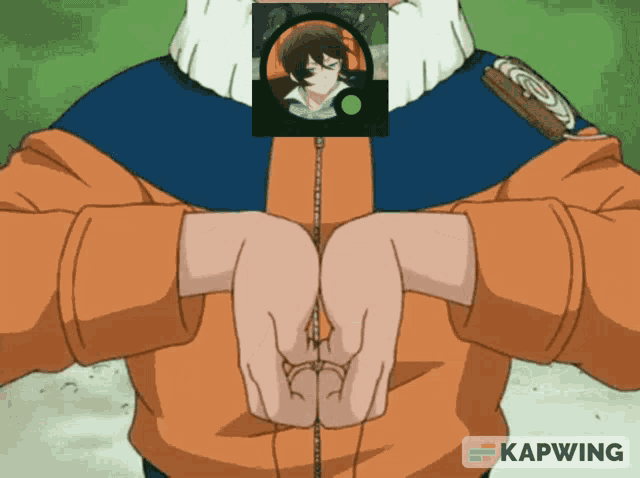 a cartoon character with a picture of a boy on his chest and the word kapwing below him