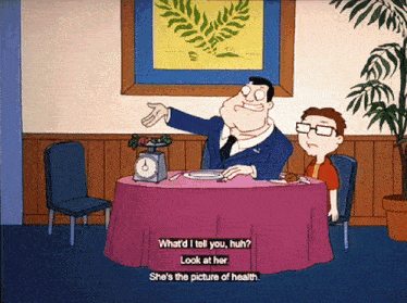 a cartoon of a man and a boy sitting at a table with the words what d i tell you huh