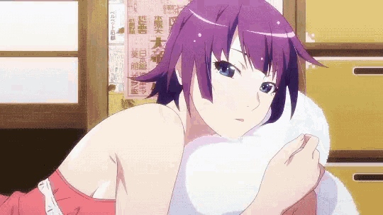 a girl with purple hair and blue eyes is laying down with a towel around her neck
