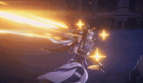 a video game character is holding a sword and shooting rays of light