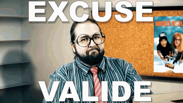 a man in a striped shirt and tie says excuse valid