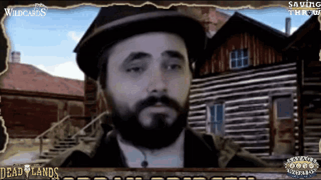 a man with a beard is standing in front of a log cabin with the words dead lands on the screen