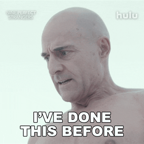 a shirtless bald man says i ve done this before