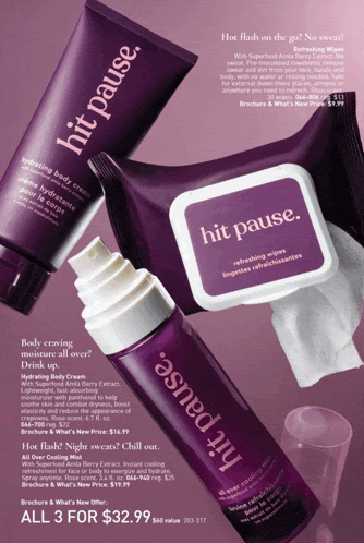 a purple bottle of hit pause hydrating body cream and wipes