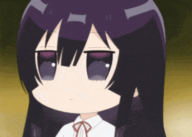 a cartoon girl with purple hair and a white shirt