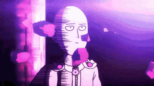 a cartoon character is standing in front of a purple background with flowers flying around him