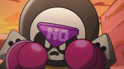 a cartoon character is wearing a gas mask and has a purple triangle with the word no on it .