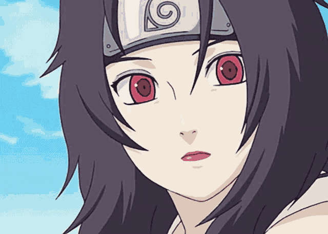 a close up of a girl with red eyes and a headband with a spiral on it