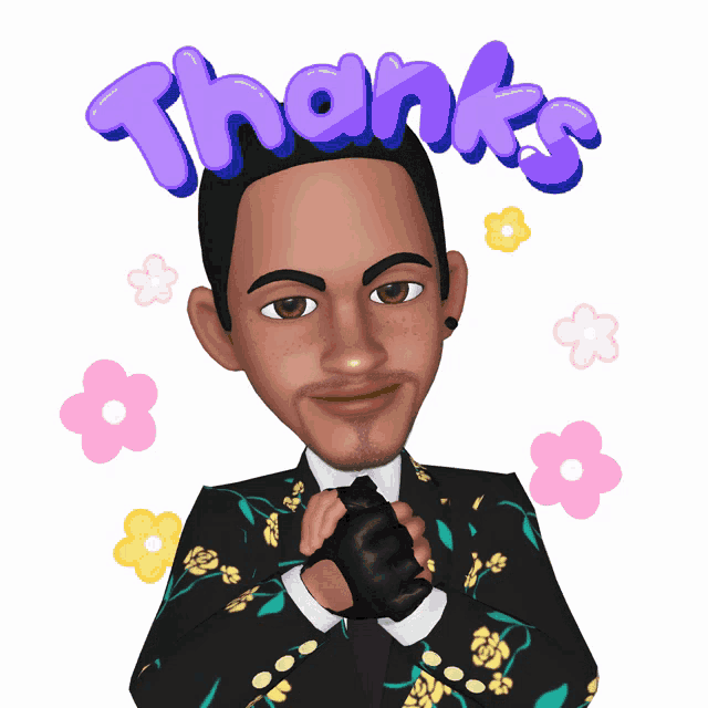 a cartoon of a man with flowers and the words thanks