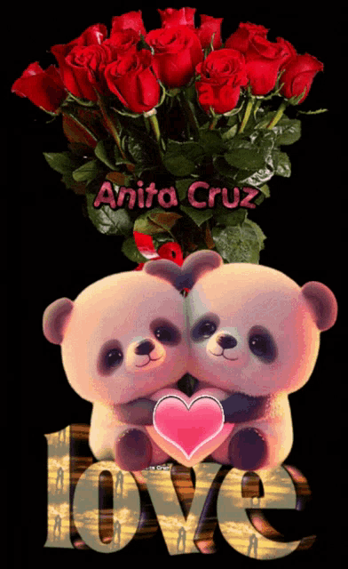 a couple of teddy bears hugging each other with the word love in the background
