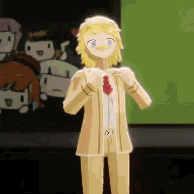 a cartoon character is standing in front of a group of cartoon characters .