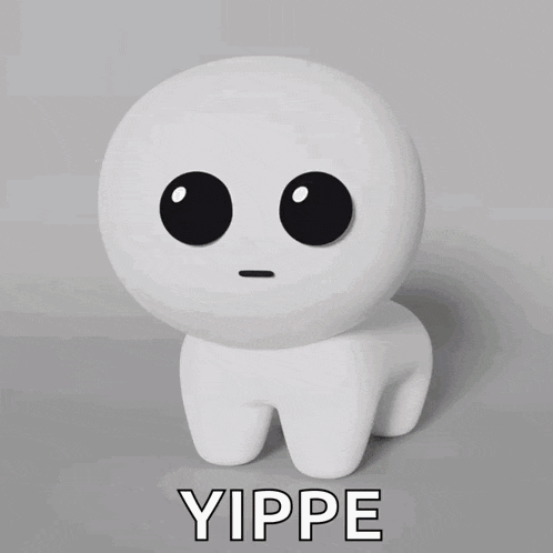 a white stuffed animal with black eyes and the word yippe on the bottom
