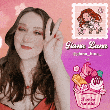 a woman giving a peace sign next to a drawing of a girl holding flowers