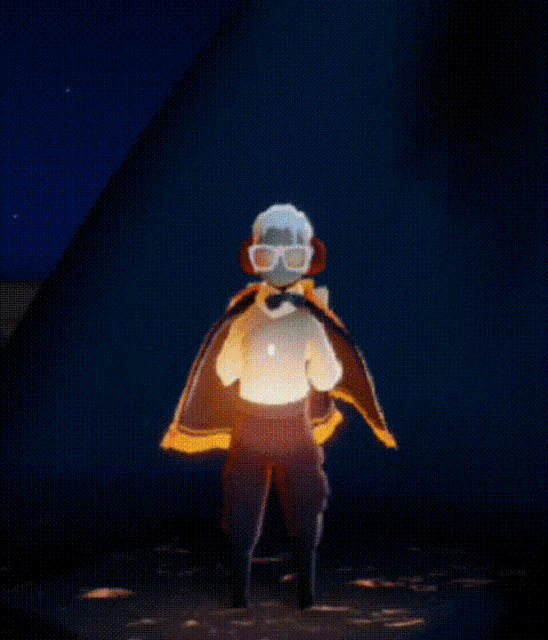 a person in a cape is standing in front of a glowing object in the dark .