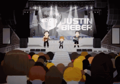 a cartoon drawing of justin bieber performing on a stage