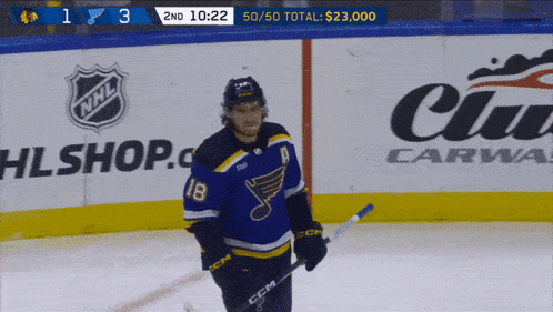 a hockey player stands on the ice with a ccm stick