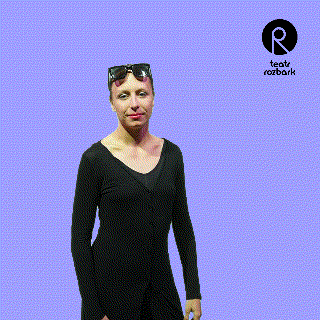 a woman wearing sunglasses and a black dress is standing in front of a blue background that says rozbark