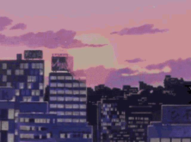 a pixel art of a city skyline with a sunset in the background and a building with the letter k on it