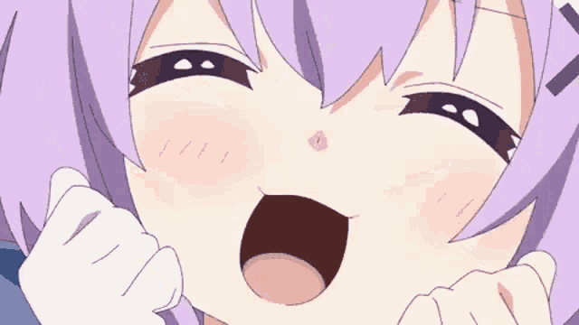 a close up of a purple haired anime girl making a funny face with her mouth open .