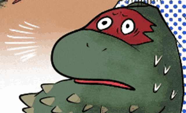 a cartoon drawing of a turtle with a red mask on his face