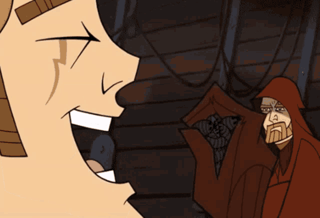 a cartoon of a man with a beard talking to another man in a red cape