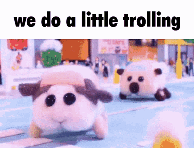 two stuffed animals are driving down a street with the words we do a little trolling above them .